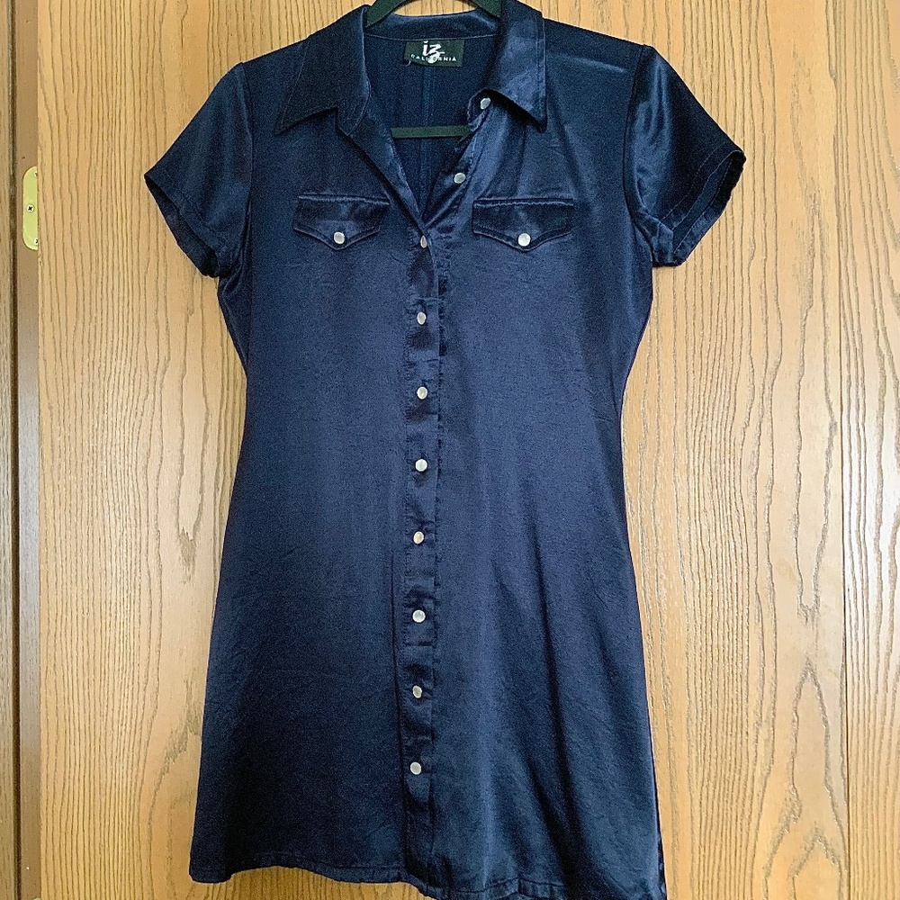 VINTAGE IZ CALIFORNIA BUTTON UP NAVY BLUE SHEATH MINI DRESS SIZE 9 / 10